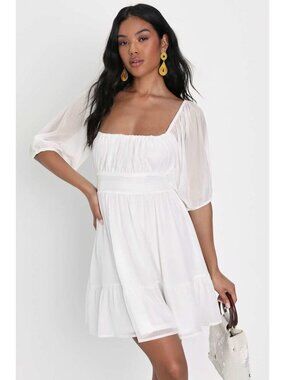 Lulus Ethereal Arrival White Puff Sleeve Tie-Back Chiffon Dress size XL NWT